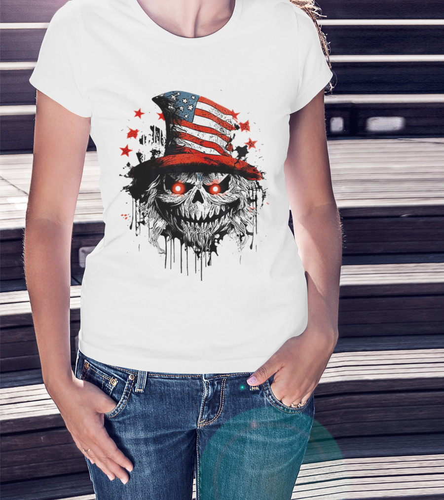 Creepy Uncle Sam Skeleton Skull Hat Dripping Red Eyes Halloween T-Shirt