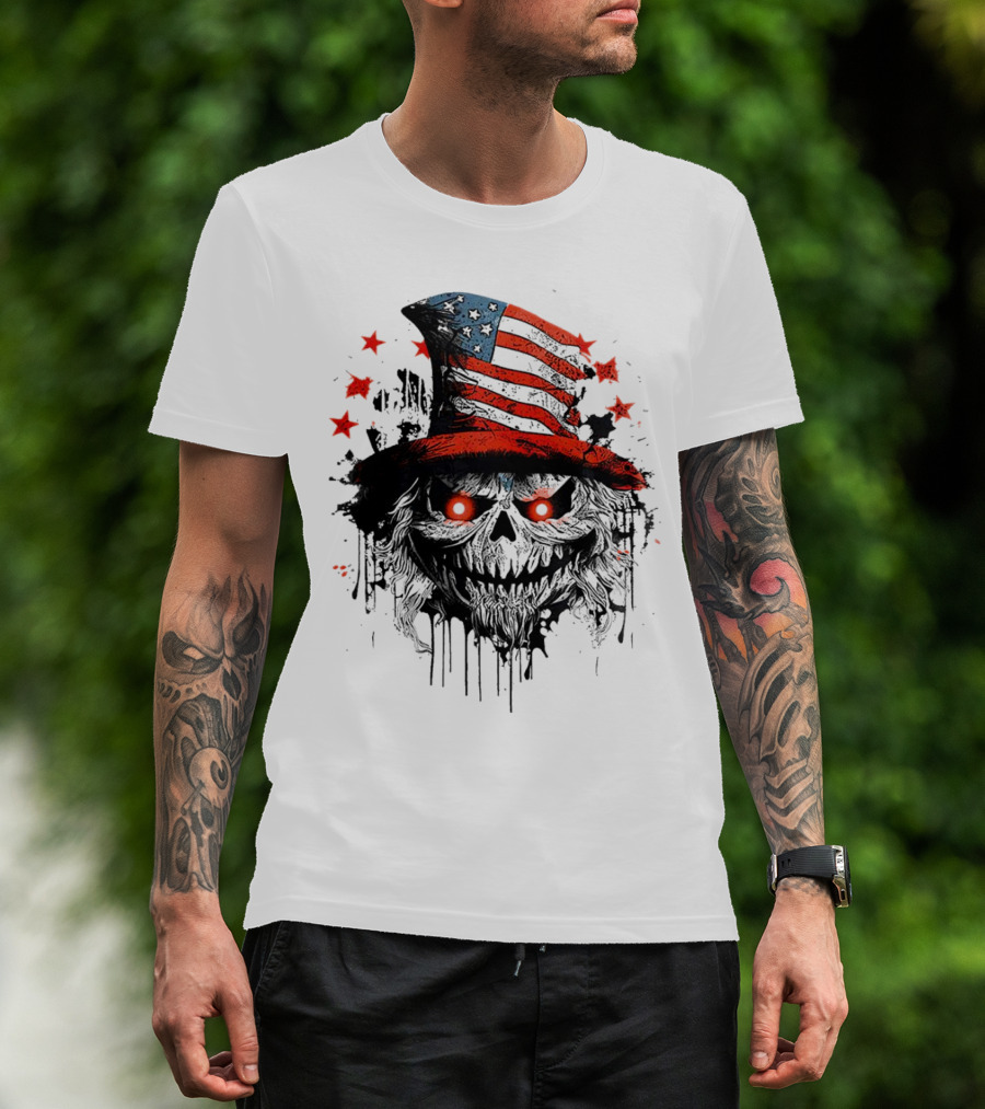 Creepy Uncle Sam Skeleton Skull Hat Dripping Red Eyes Halloween T-Shirt