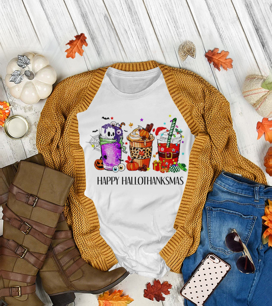 Happy Hallothanksmas with Spooky Fall and Festive Latte Trio T-Shirt