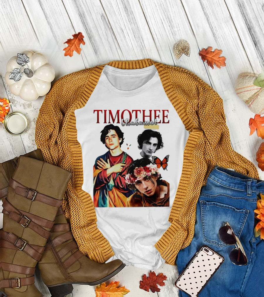 Timothee Chalamet Artistic Collage with Flowers and Butterfly T-Shirt