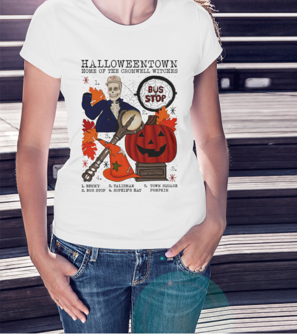Halloweentown Home Of The Cromwell Witches Skeleton With Sophie’s Hat And Town Square Pumpkin T-Shirt
