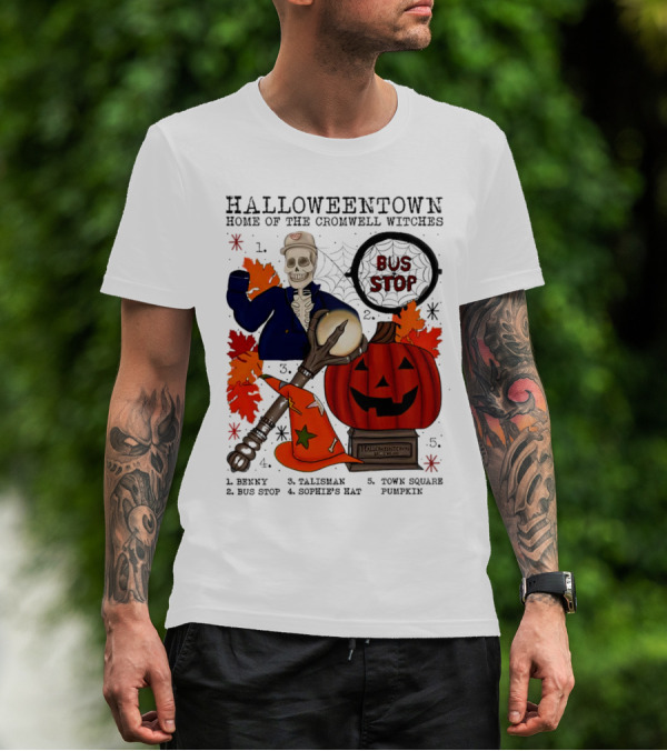 Halloweentown Home Of The Cromwell Witches Skeleton With Sophie’s Hat And Town Square Pumpkin T-Shirt