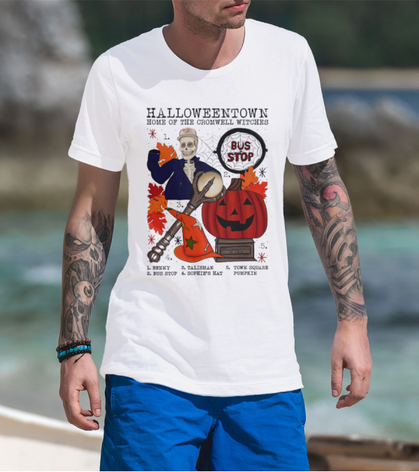 Halloweentown Home Of The Cromwell Witches Skeleton With Sophie’s Hat And Town Square Pumpkin T-Shirt