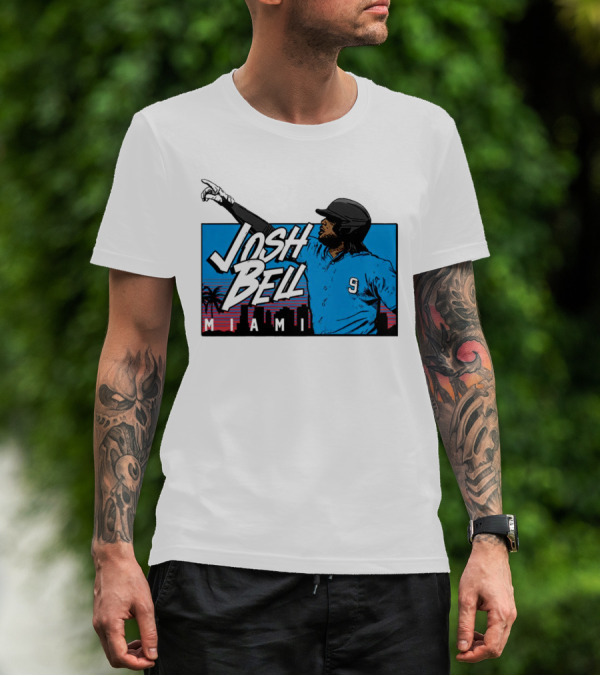Josh Bell Miami Skyline Baseball Sunset T-Shirt