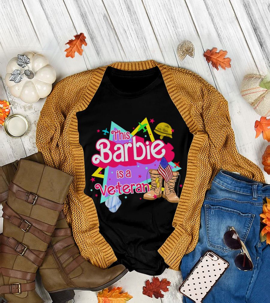 This Barbie Is a Veteran Boots American Flag Helmet Stars Background T-Shirt