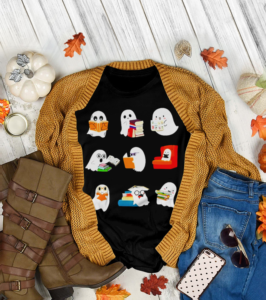 Ghosts Reading Books Halloween Spooky Library T-Shirt