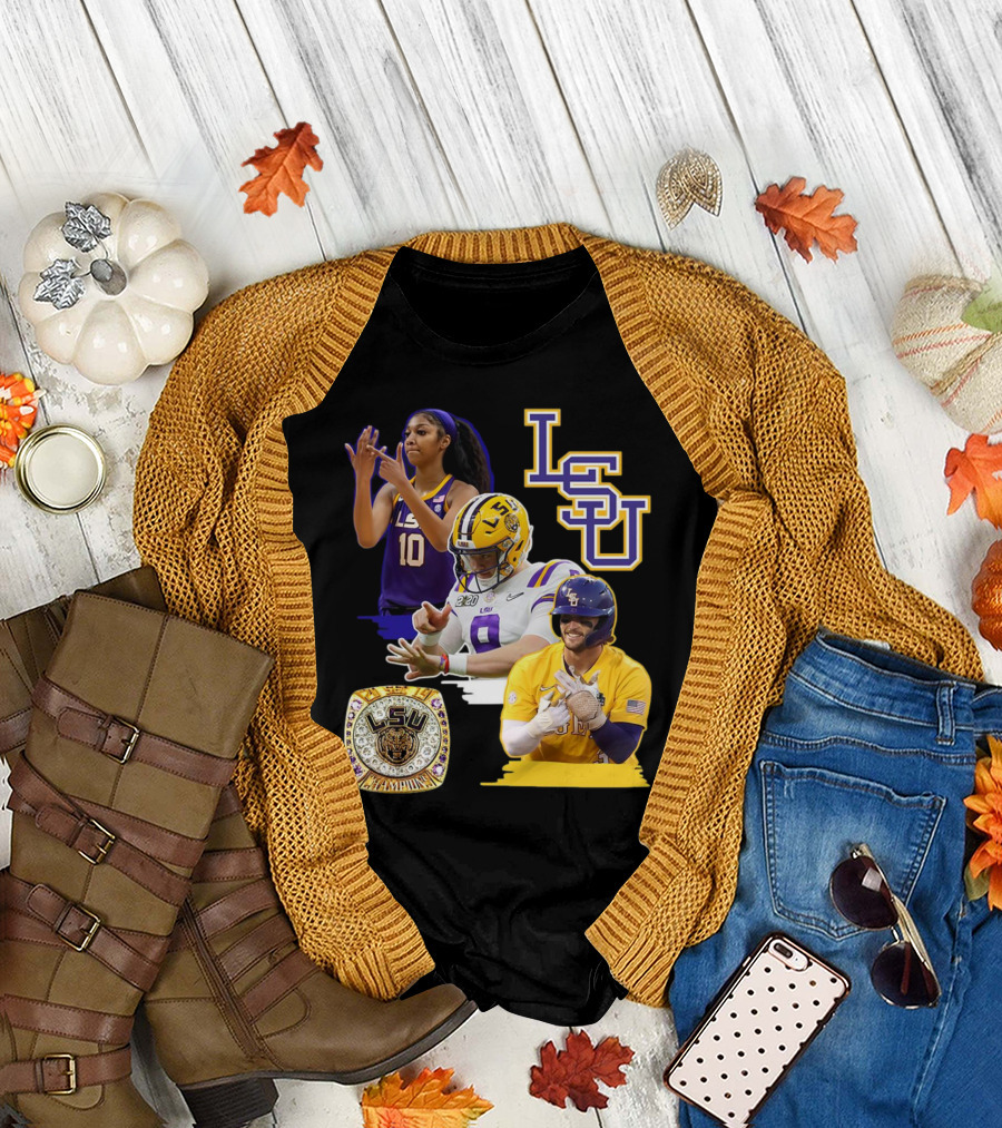 LSU Tigers Champions with Three Rings and Athletes T-Shirt