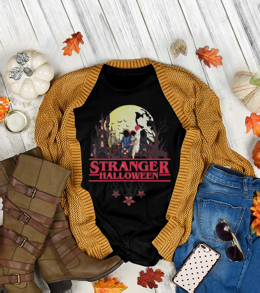 Stranger Halloween Full Moon Scary Characters Horror Movie Background T-Shirt