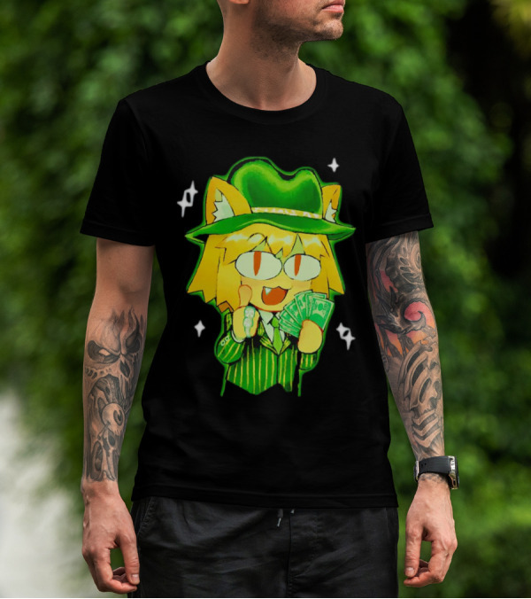 Sunny Waifu Gangster Neco-Arc Anime Cat Character With Money And Green Hat T-Shirt