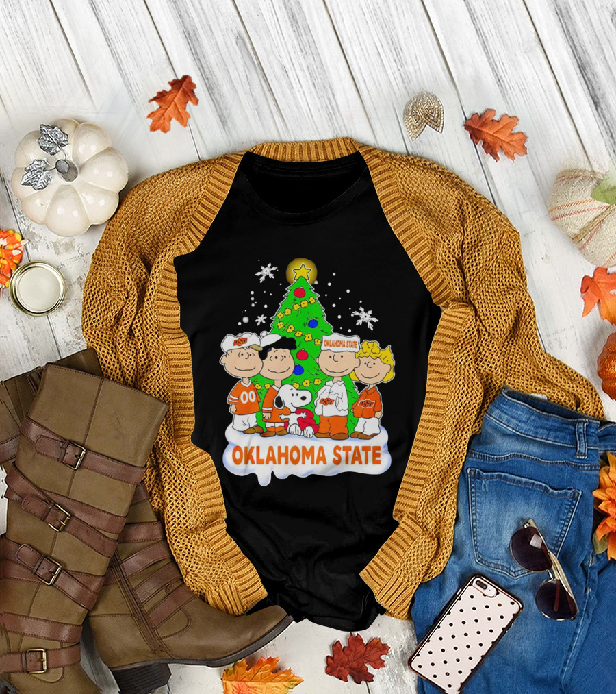 Peanuts Oklahoma State Cowboys Christmas Tree Snoopy Charlie Brown Lucy Peppermint Patty T-Shirt