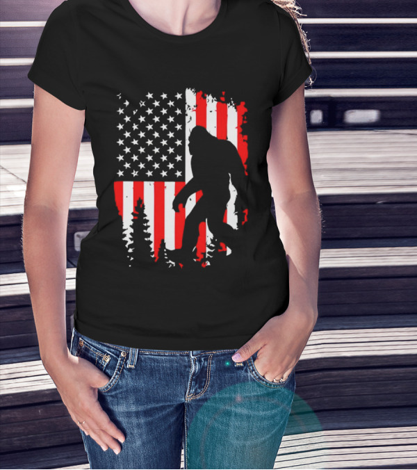 Bigfoot Silhouette With American Flag Background T-Shirt