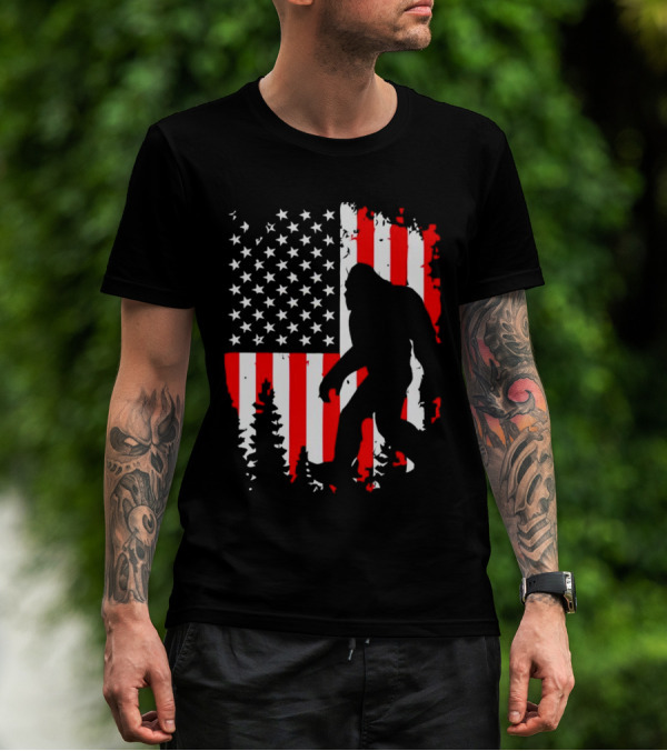 Bigfoot Silhouette With American Flag Background T-Shirt