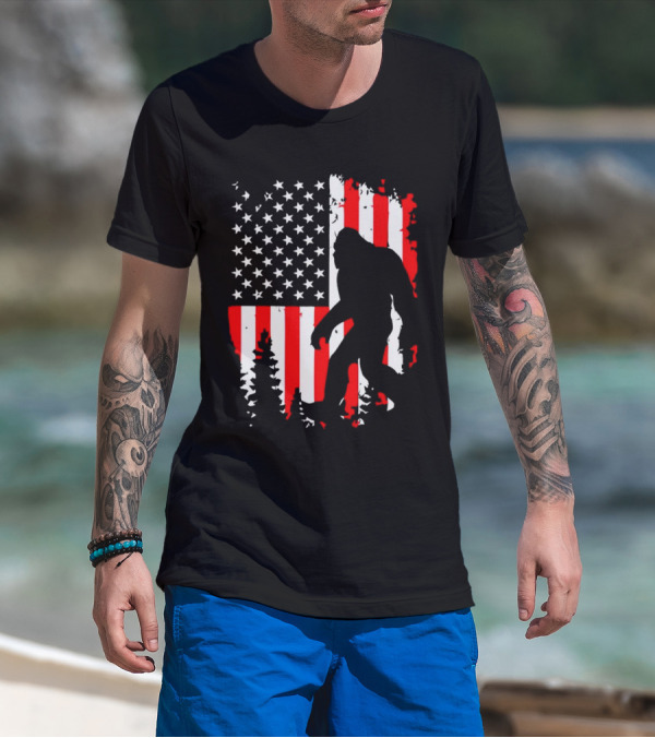 Bigfoot Silhouette With American Flag Background T-Shirt