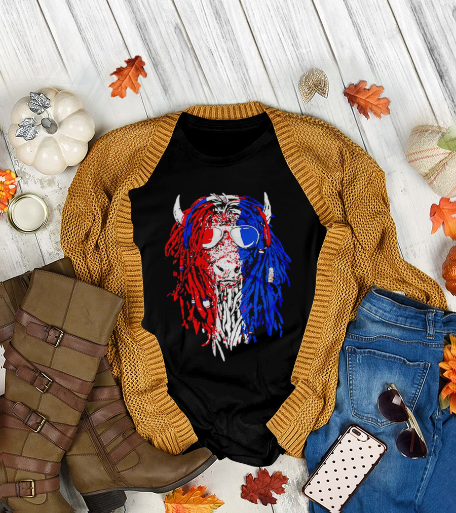 Buffalo Soldier Rasta Red Blue Bison Sunglasses Dreadlocks T-Shirt