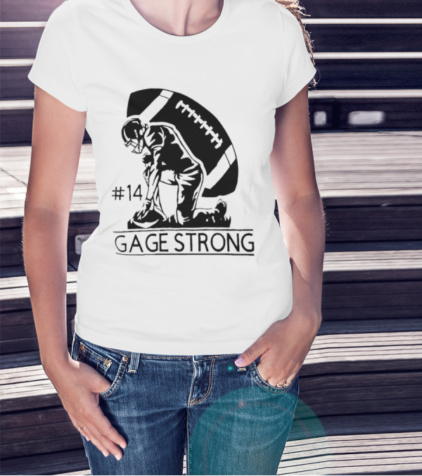 Gage Strong #14 Football Player Kneeling In Front Of Large Football T-Shirt
