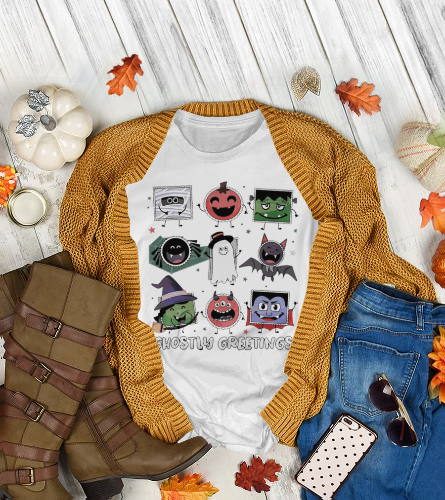 Ghostly Greetings with Halloween Monster Faces and Characters T-Shirt
