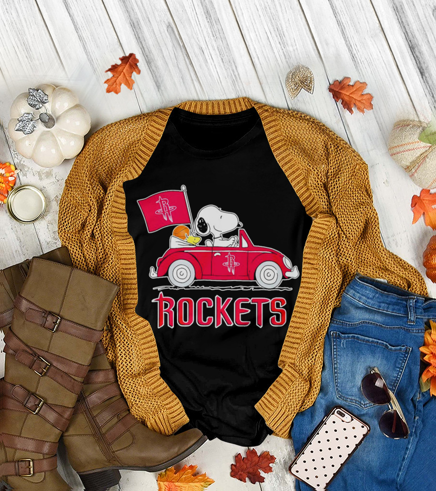 Rockets Snoopy Driving Red Car with Basketball Flag T-Shirt