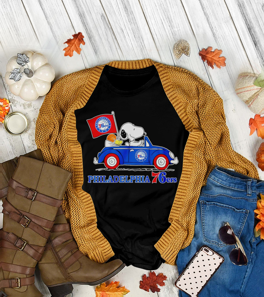 Philadelphia 76ers Snoopy Driving Car with Basketball and Flag T-Shirt