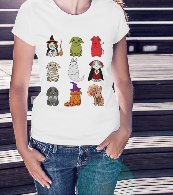 Bunny Witch Mummy Ghost Vampire Skeleton Pumpkin Bat Cute Halloween T-Shirt