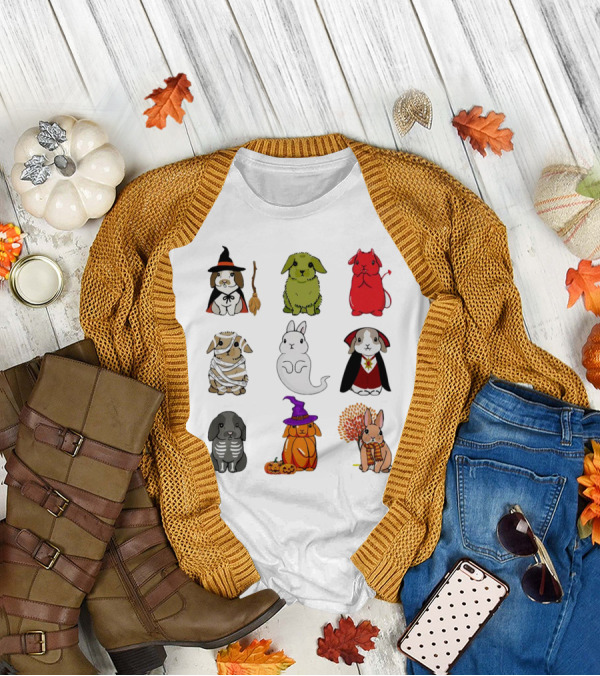 Bunny Witch Mummy Ghost Vampire Skeleton Pumpkin Bat Cute Halloween T-Shirt