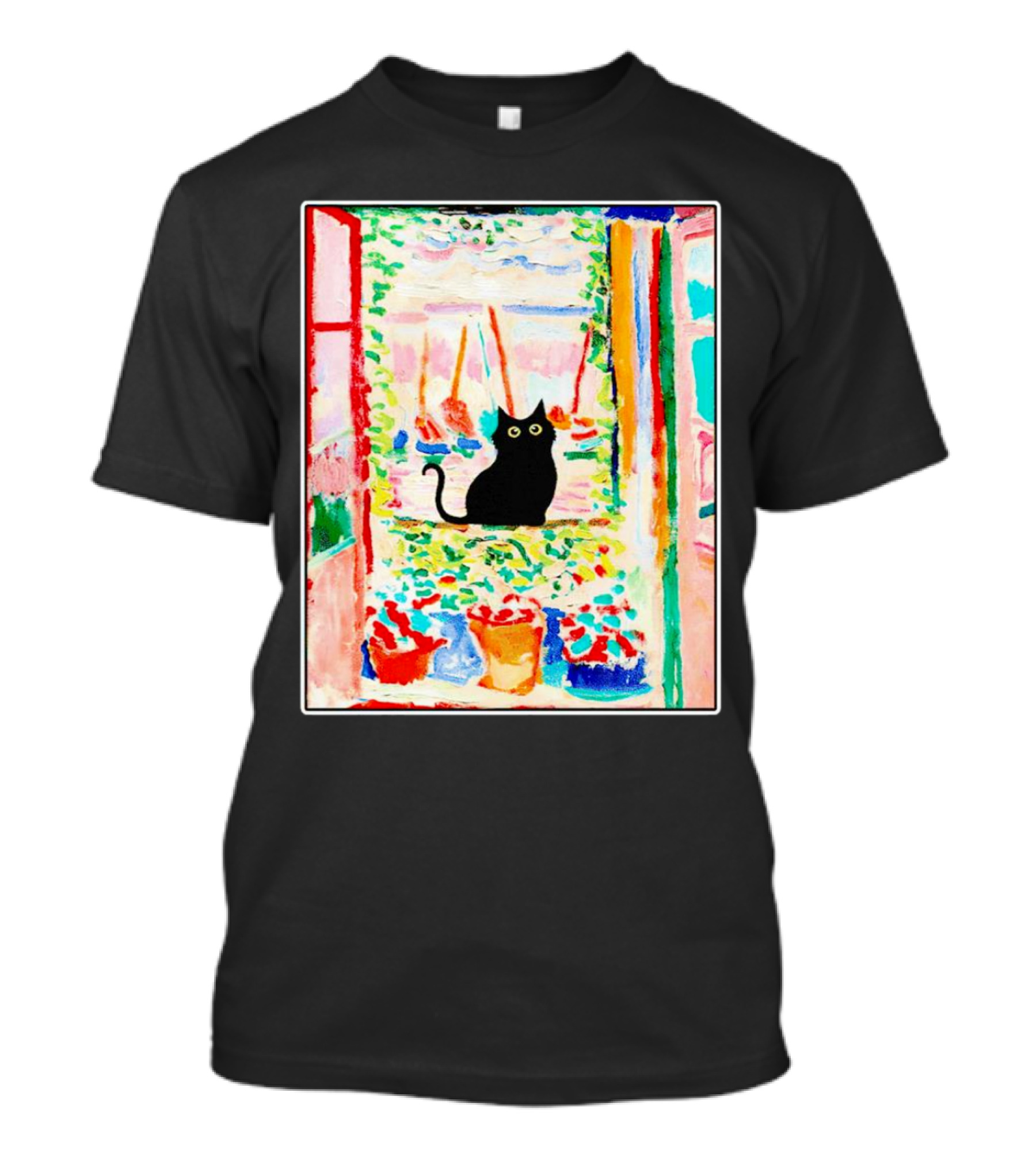 Black Cat In Vibrant Open Window Scene With Colorful T-Shirt