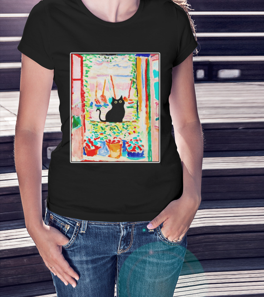 Black Cat In Vibrant Open Window Scene With Colorful T-Shirt