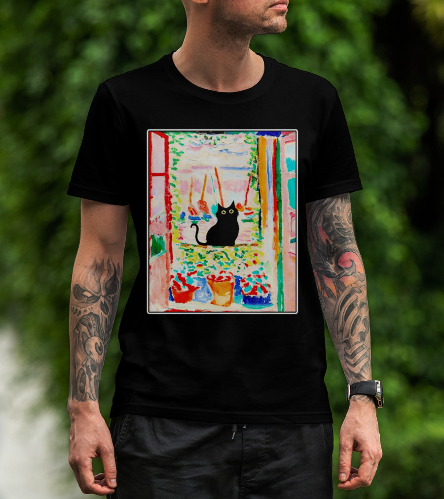 Black Cat In Vibrant Open Window Scene With Colorful T-Shirt