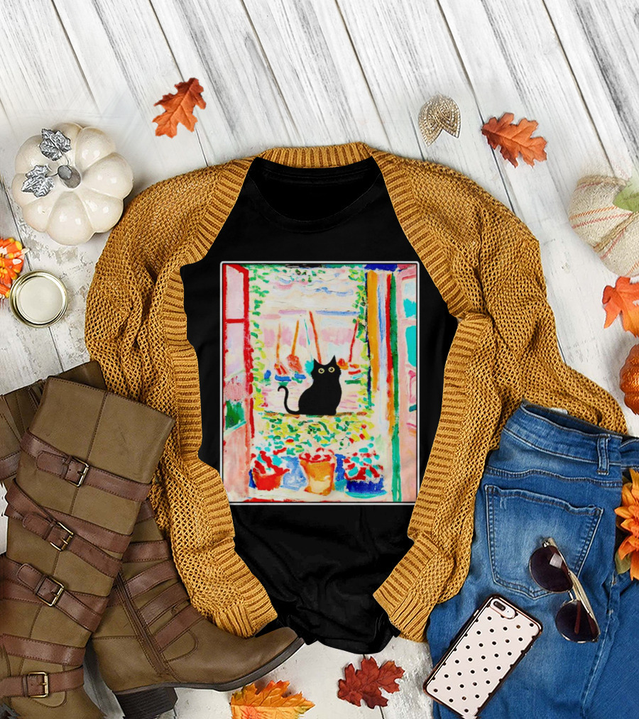 Black Cat in Vibrant Open Window Scene with Colorful T-Shirt