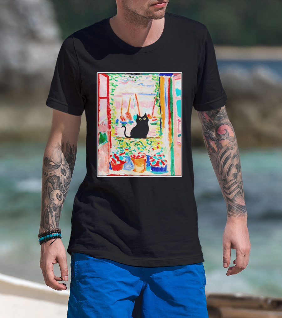 Black Cat In Vibrant Open Window Scene With Colorful T-Shirt