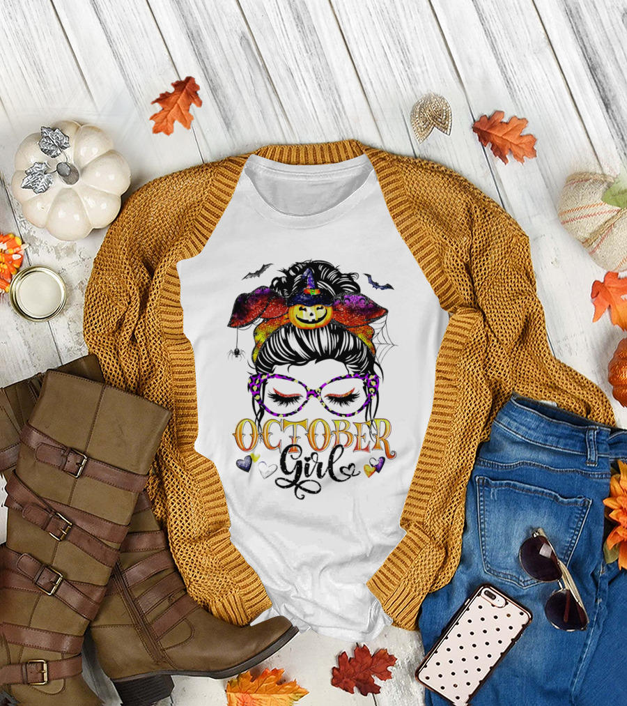 Messy Bun Pumpkin Witch Hat Spider Bats Glasses October Girl Halloween T-Shirt