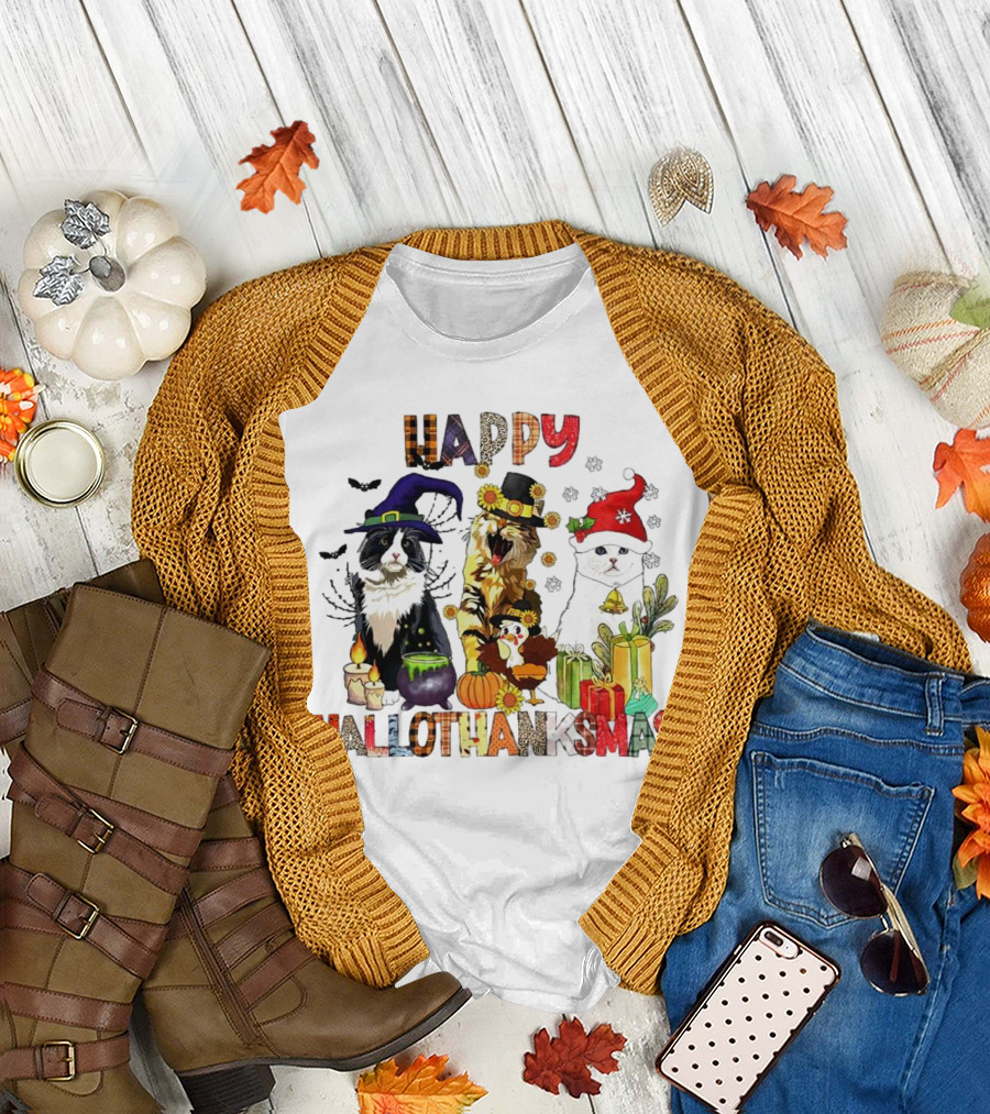 Happy Hallothanksmas Cats in Witch, Pilgrim, and Santa Hats with Pumpkins Presents and Cauldron T-Shirt