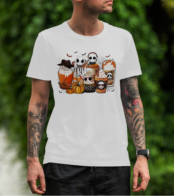 Halloween Cup Horror Funny Character Fall Pumpkin Latte Icons T-Shirt