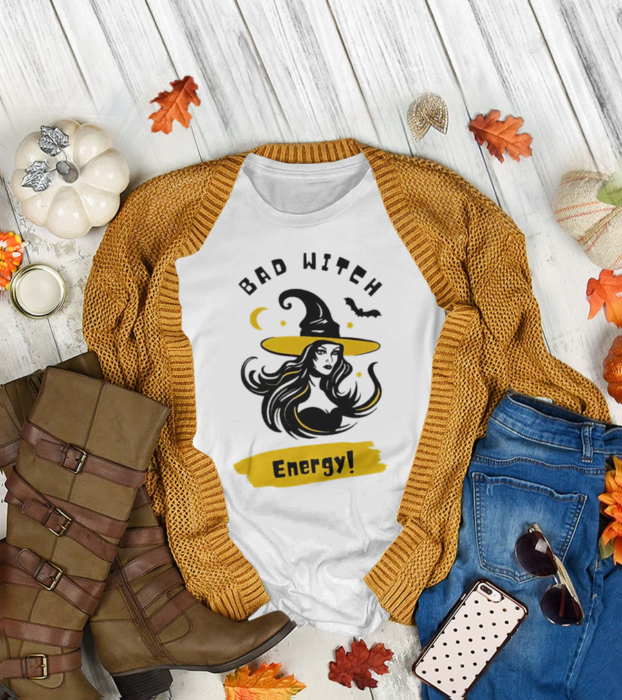 Bad Witch Energy Halloween Moon Bat Hat T-Shirt