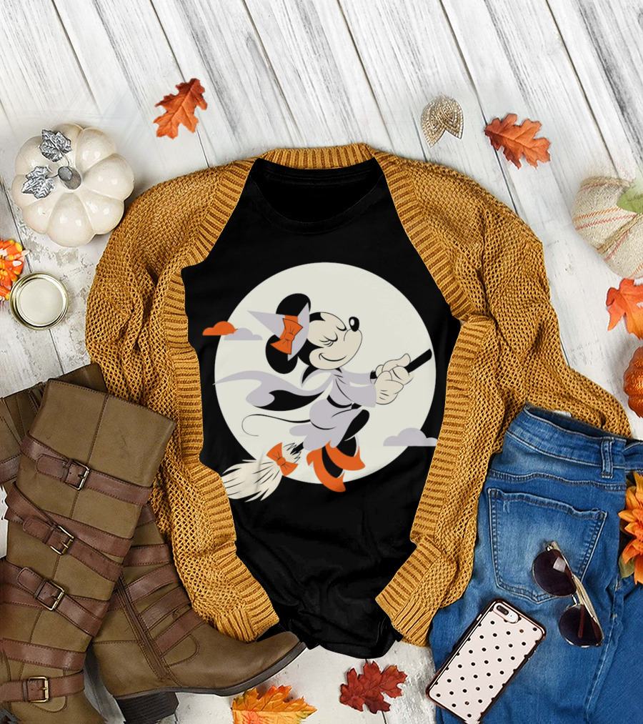 Minnie Mouse Witch Flying on Broomstick Halloween Full Moon T-Shirt