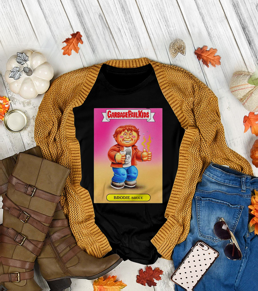 Garbage Pail Kids Brodie Bruce Character Card with Smoking Cup and Smiling Face T-Shirt