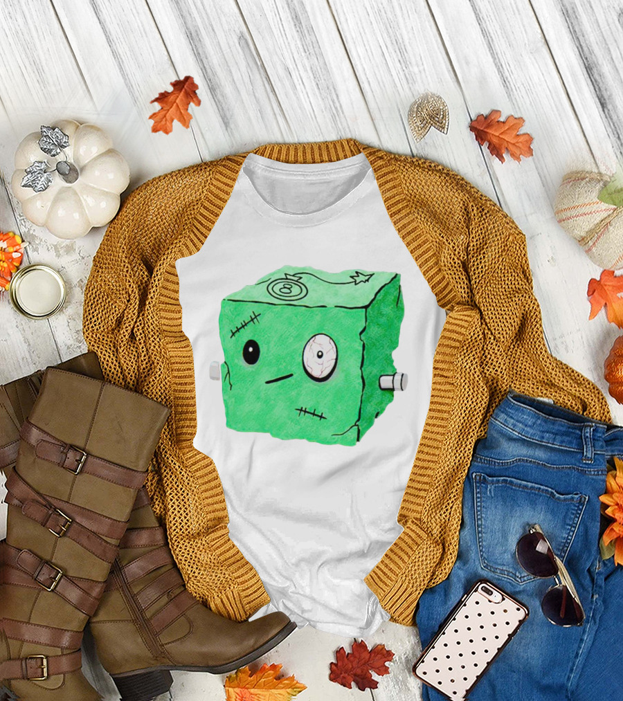 Franken Frankie Eight-Ball Cube Monster Stitched Green Block T-Shirt