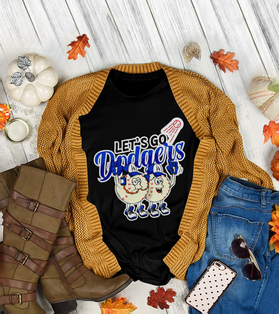 Let's Go Dodgers Baseball with Cartoon Baseballs and Iconic Spotlight T-Shirt