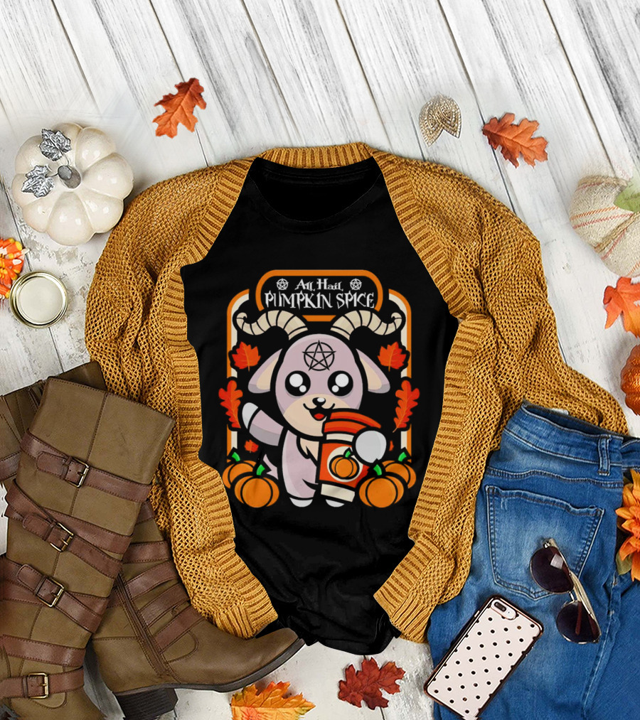 All Hail Pumpkin Spice Halloween Goat with Coffee, Pumpkins, and Pentagram T-Shirt