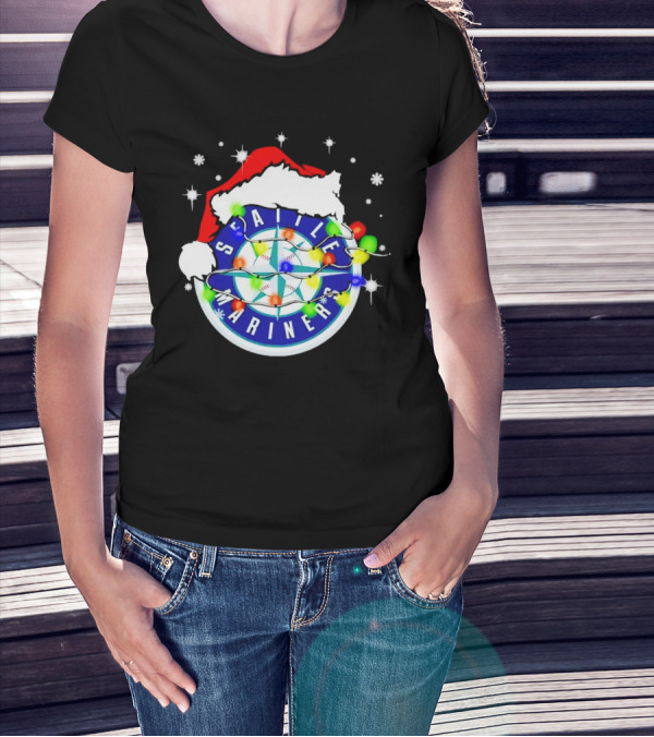 Santa Hat Seattle Mariners Christmas Lights Snowflakes T-Shirt