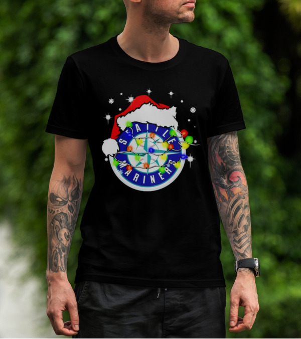Santa Hat Seattle Mariners Christmas Lights Snowflakes T-Shirt