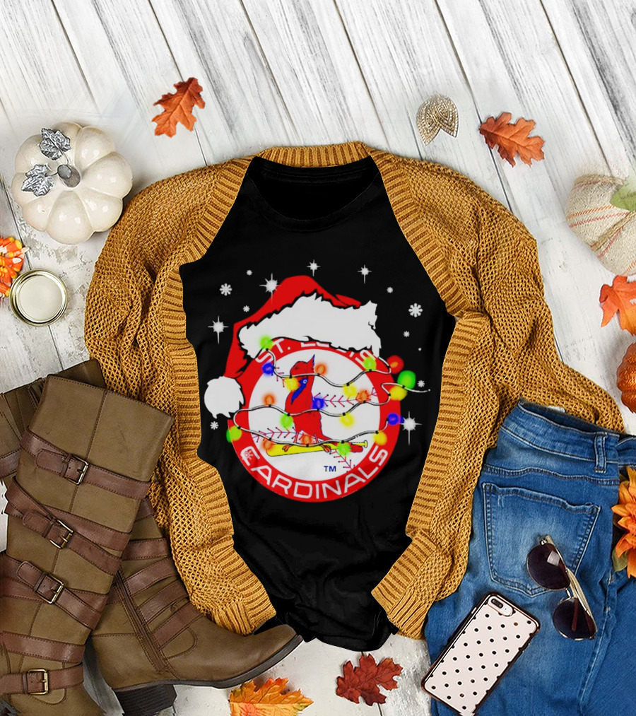 Santa Hat St. Louis Cardinals Christmas Lights Holiday T-Shirt