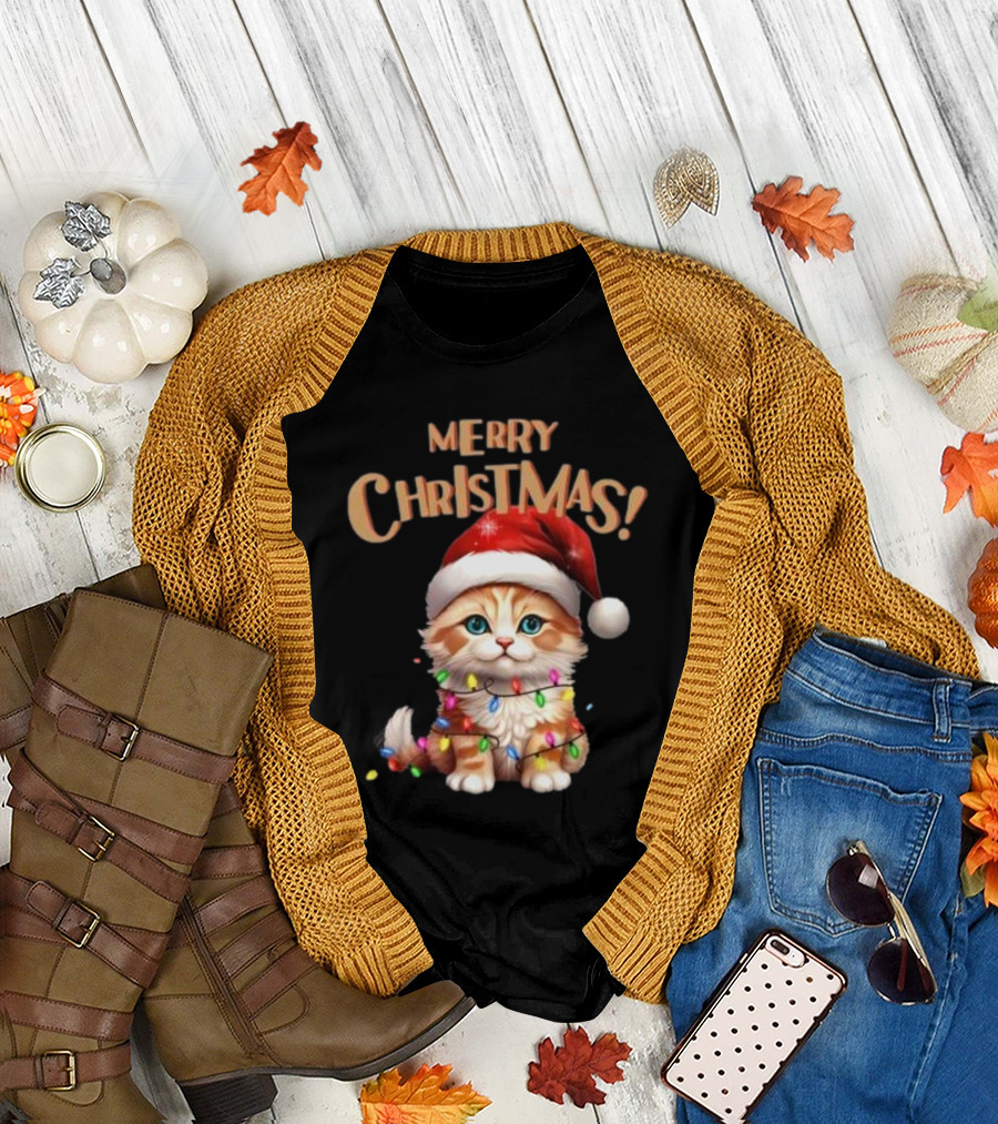 Merry Christmas Cat Santa with Lights T-Shirt