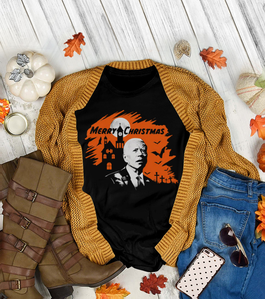 Biden Merry Christmas Halloween Haunted Church Graveyard Bats Orange Moon T-Shirt