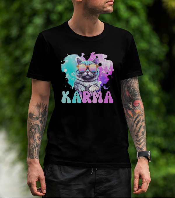 Karma Cat In Sunglasses With Heart-Shaped Watercolor Background T-Shirt