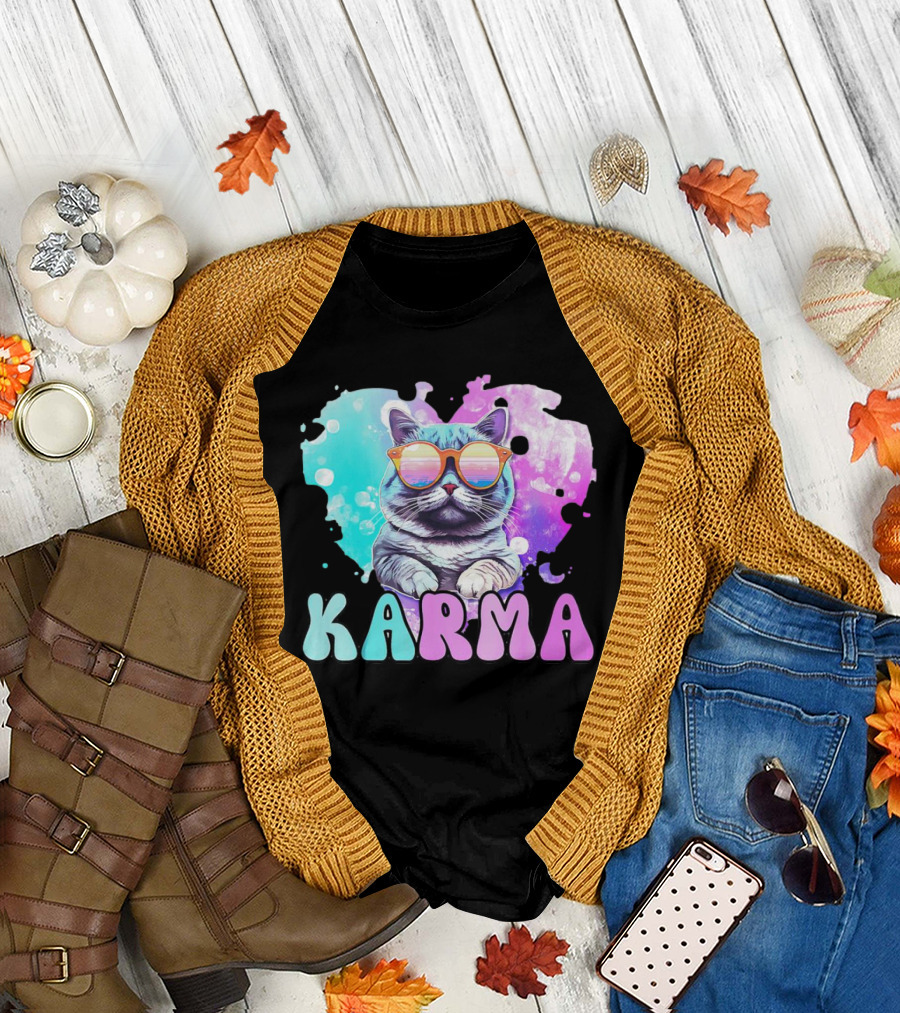 Karma Cat in Sunglasses with Heart-Shaped Watercolor Background T-Shirt