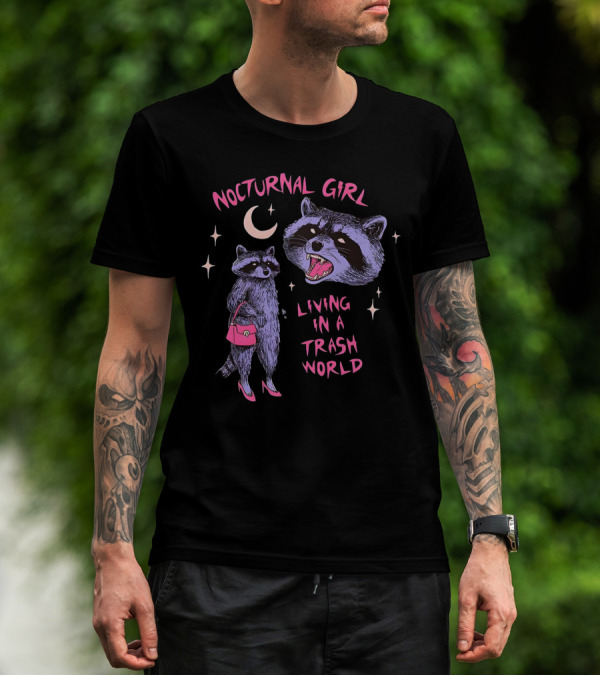Nocturnal Girl Raccoon Living In A Trash World Under Moon And Stars T-Shirt