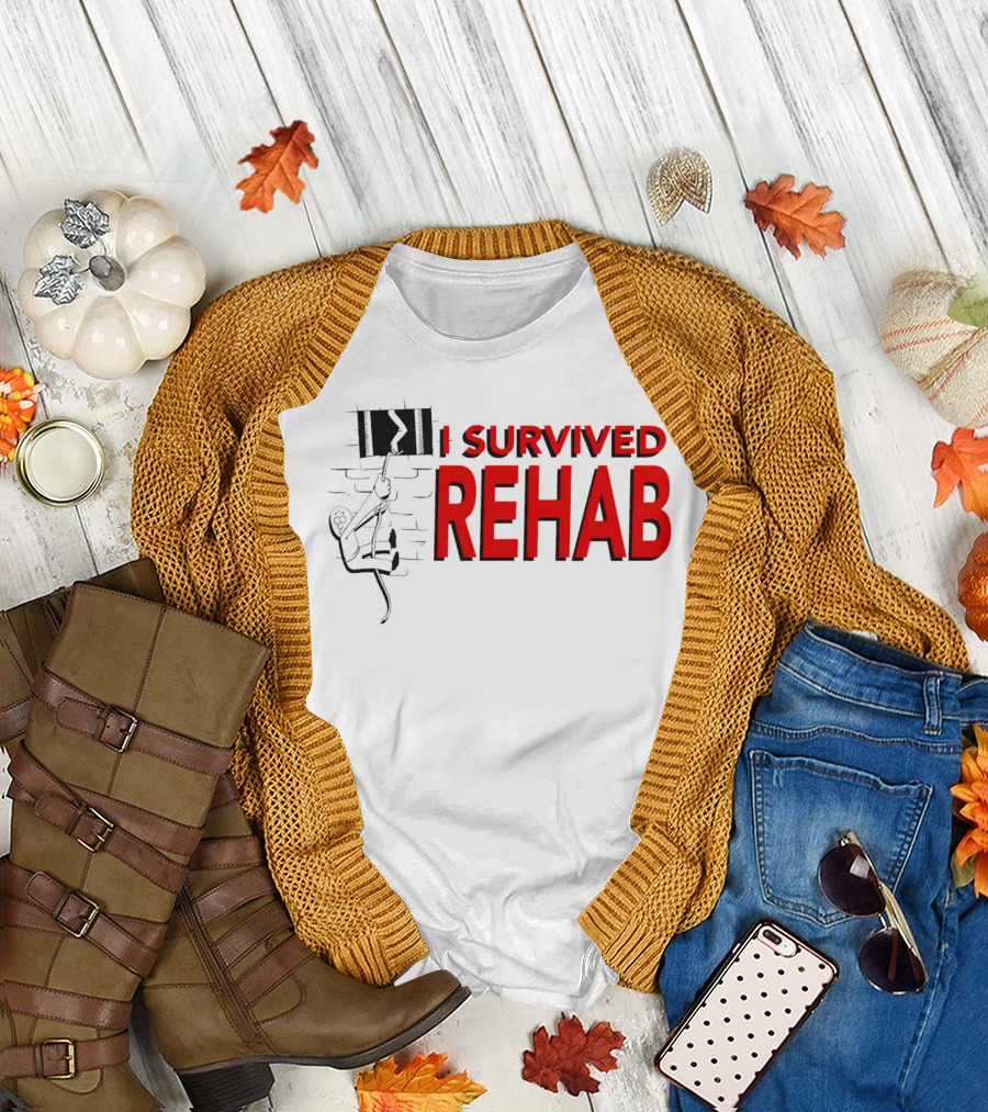 I Survived Rehab Red Text with Climbing Wall Background T-Shirt