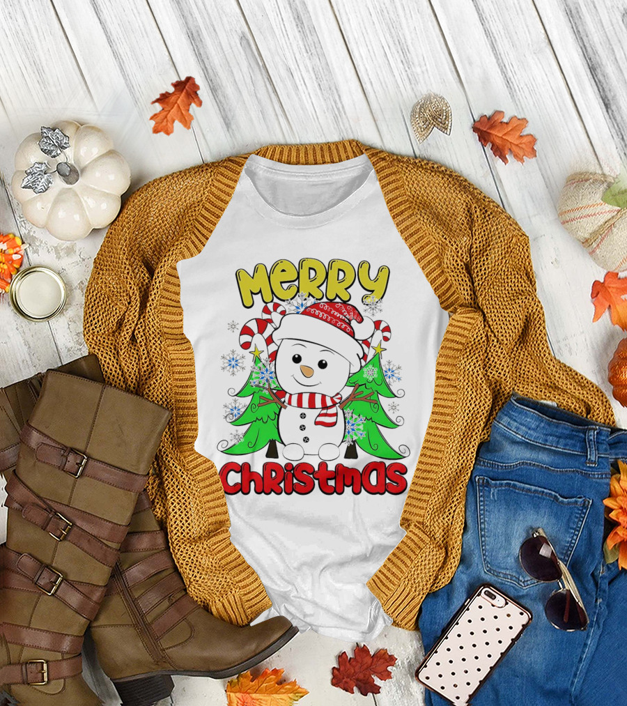 Merry Christmas Snowman with Candy Canes and Snowflakes T-Shirt