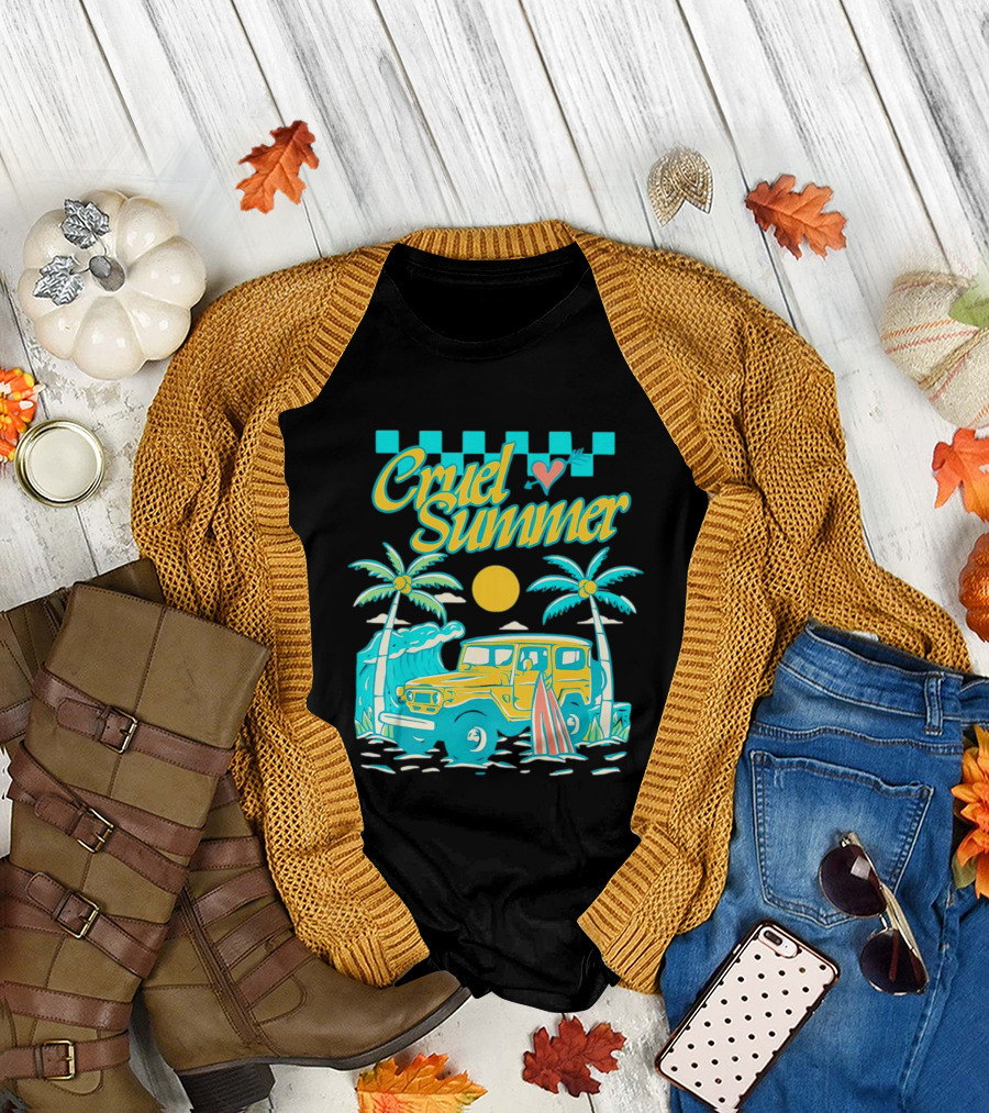 Cruel Summer Beach Vintage Jeep Palm Trees Retro Sun Wave Heart T-Shirt