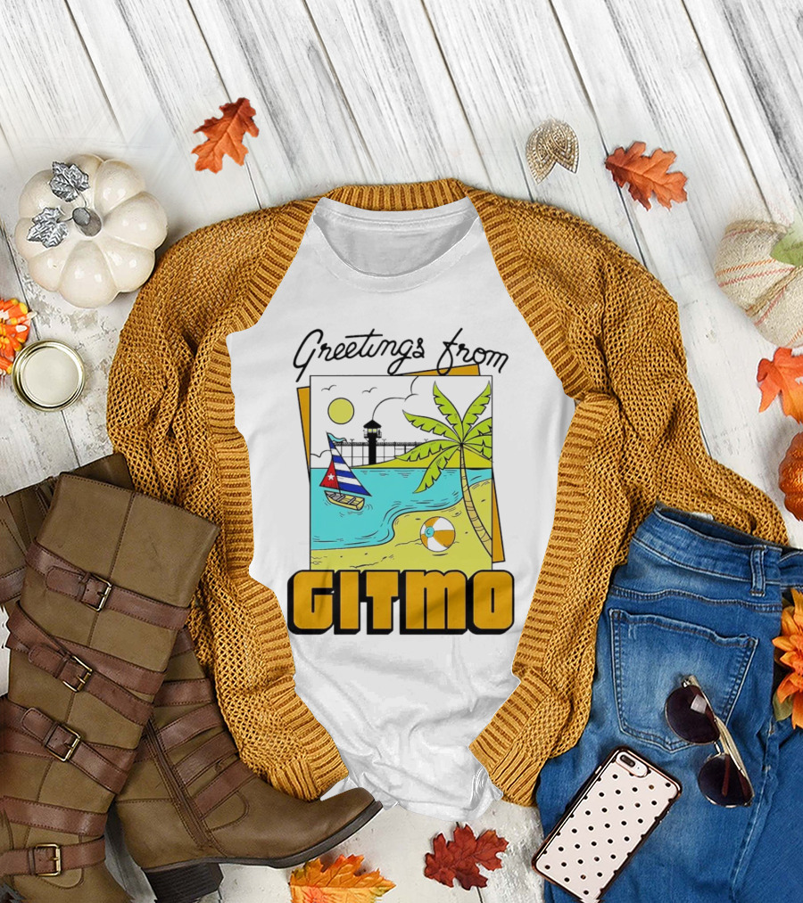 Greetings from Gitmo Beach Scene with Sailboat and Palm Tree T-Shirt